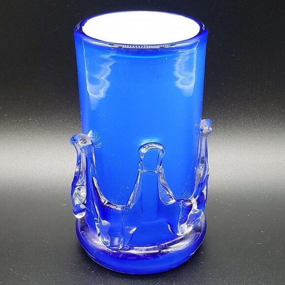 Murano Style Vintage Cobalt Blue White Cased Clear Rigaree Art Glass Vase - Picture 1 of 10